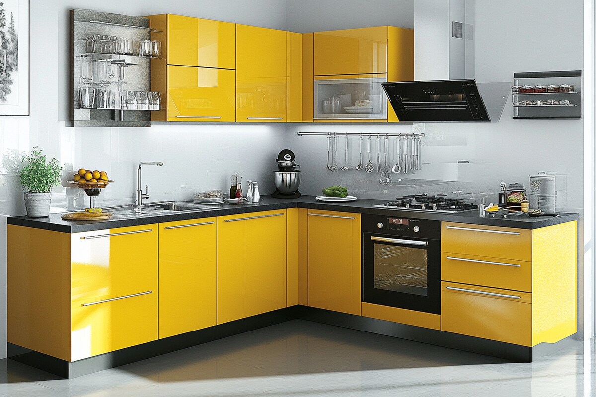 Modern L-Shaped Kitchen Design with Yellow Base Unit