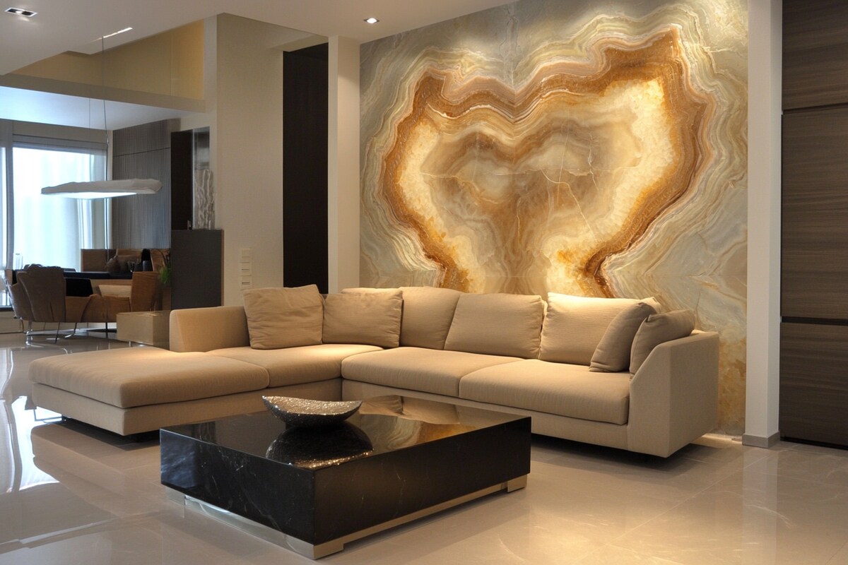 Contemporary Living Room Design With Beige Sofa and Onyx Wall