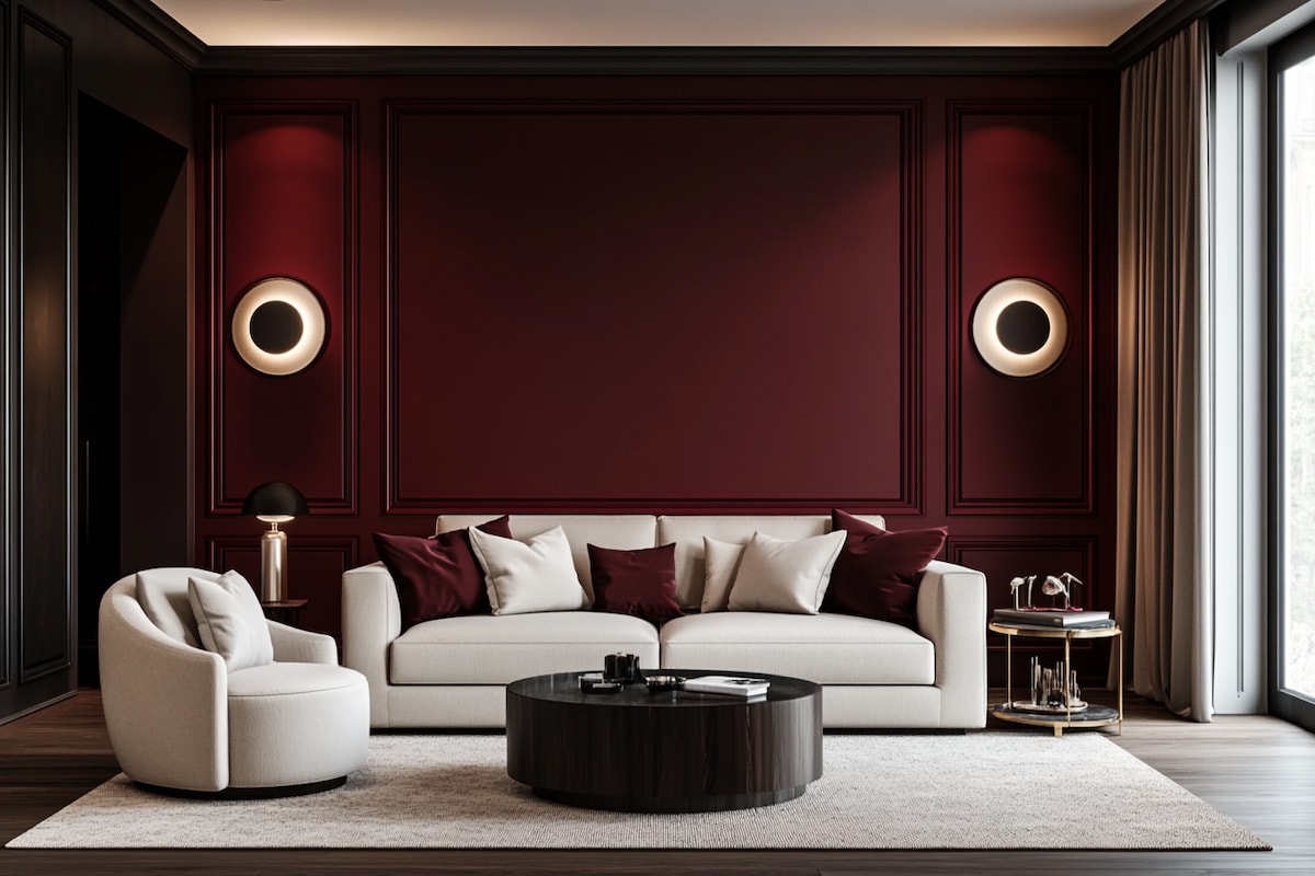 Contemporary Red Wine Living Room Wall Design With Wall Trims