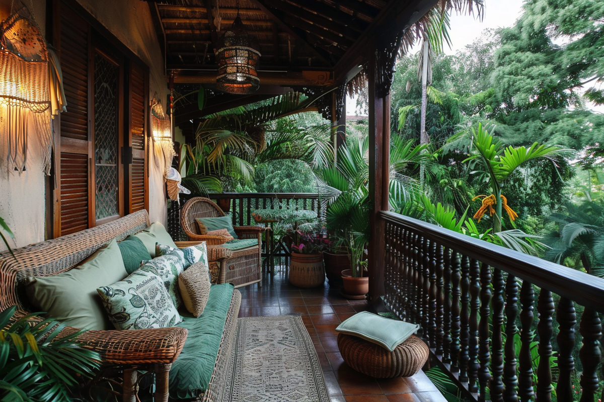 Tropical Balcony Design With Rattan Bench