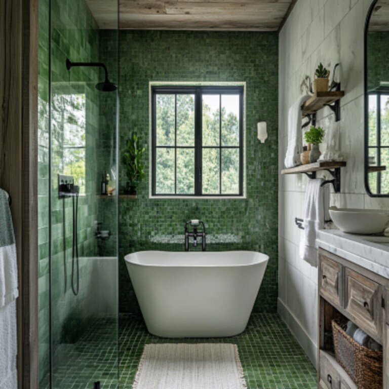 Farmhouse Bathroom Design with Green Mosaic Tiles