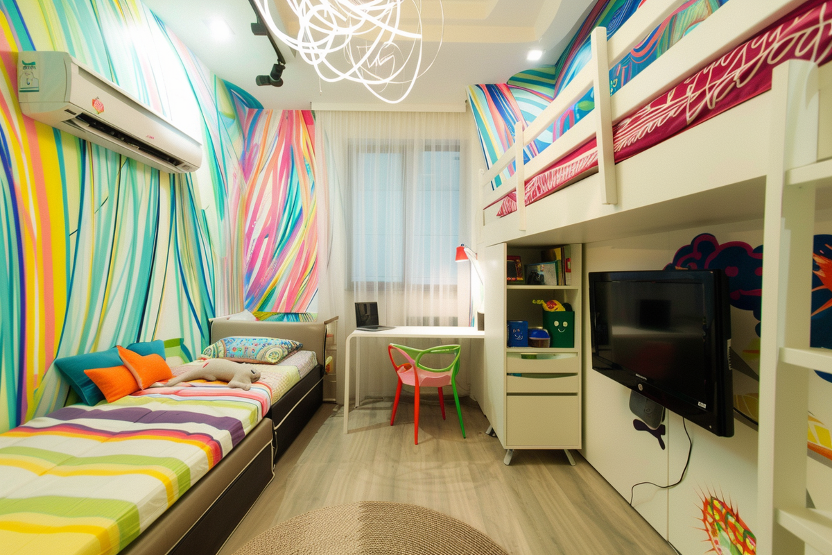 Contemporary Kids Room Design For Girls With Abstract Multicoloured Wallpaper