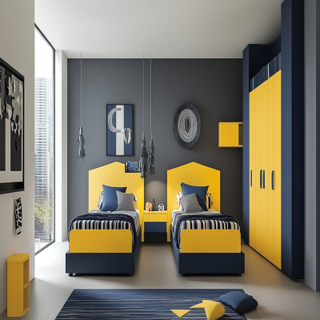 Modern Twin-Bed Kids Room Design With Yellow And Dark Blue Wardrobe