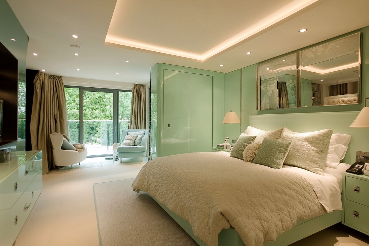 Modern Mint Green Master Bedroom Design With Swing Wardrobe