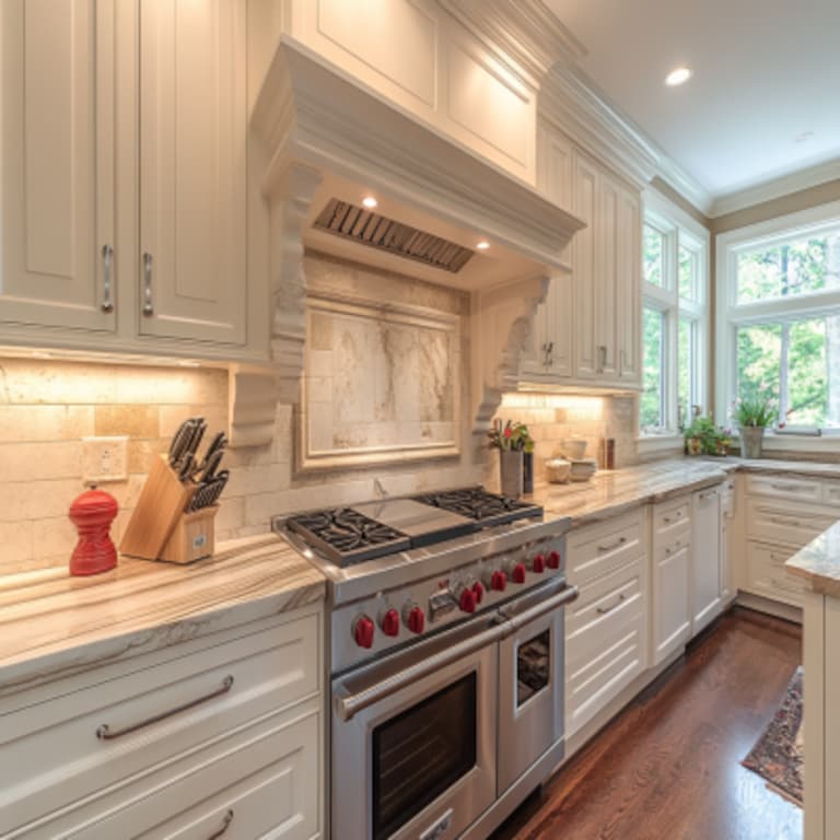 Modern Beige and White Satin Finish Marble Kitchen Tile Design