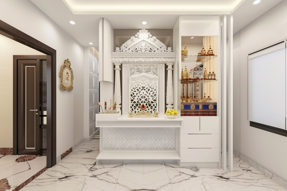 Contemporary Open Mandir Unit Design In Frosty White