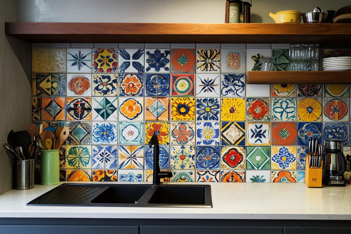 Colourful Contemporary Porcelain Grid Kitchen Tile Design