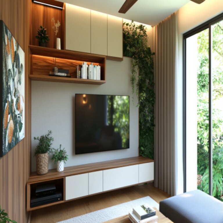 Modern Irish Cream And Wood TV Unit Design With Open Wall Shelves