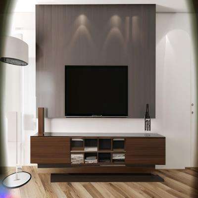 Modern TV Unit Design in Grey and Brown Laminate with Wooden Floor