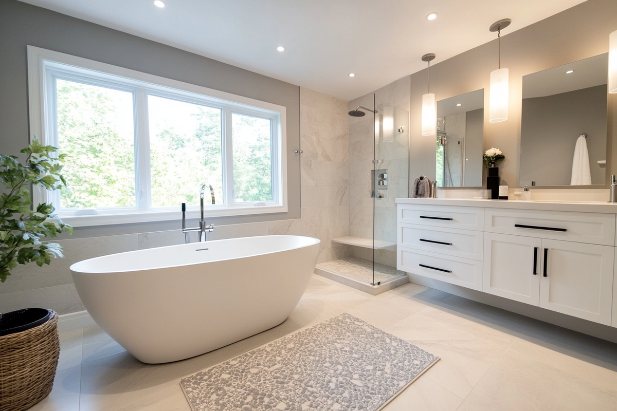 Minimal Glam Grey Bathroom Design With White Bathroom Cabinet