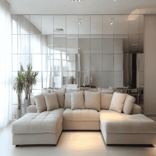 Mirrored Panel Wall Contemporary Living Room Design With Sofas