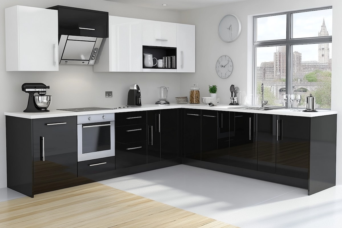 L-Shaped Modern Kitchen Design with Black and White High Gloss Units