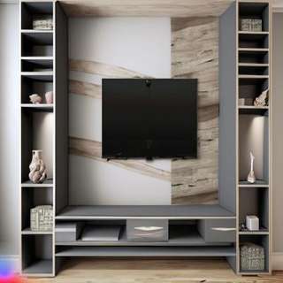 Rustic TV Unit Design in Grey Toned Wood Laminate