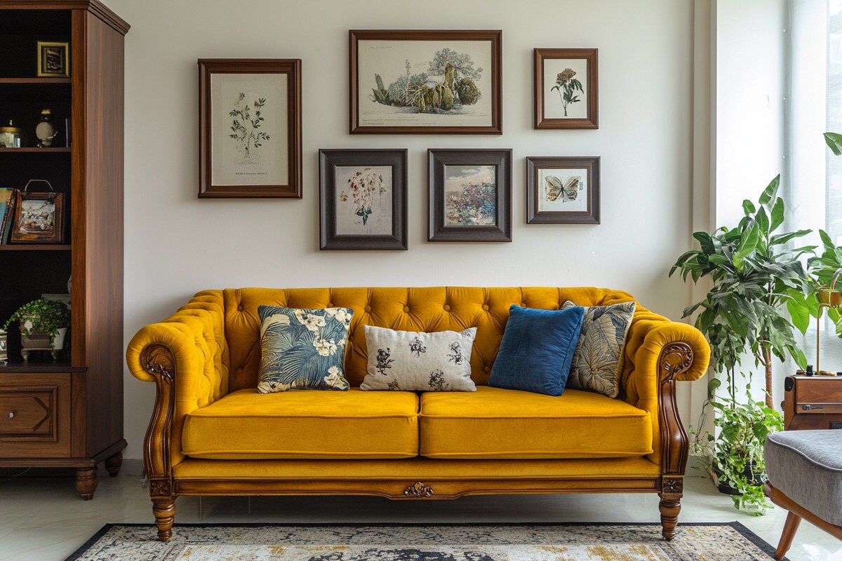 Classic Living Room Design with Mustard Sofa and Wooden Accents