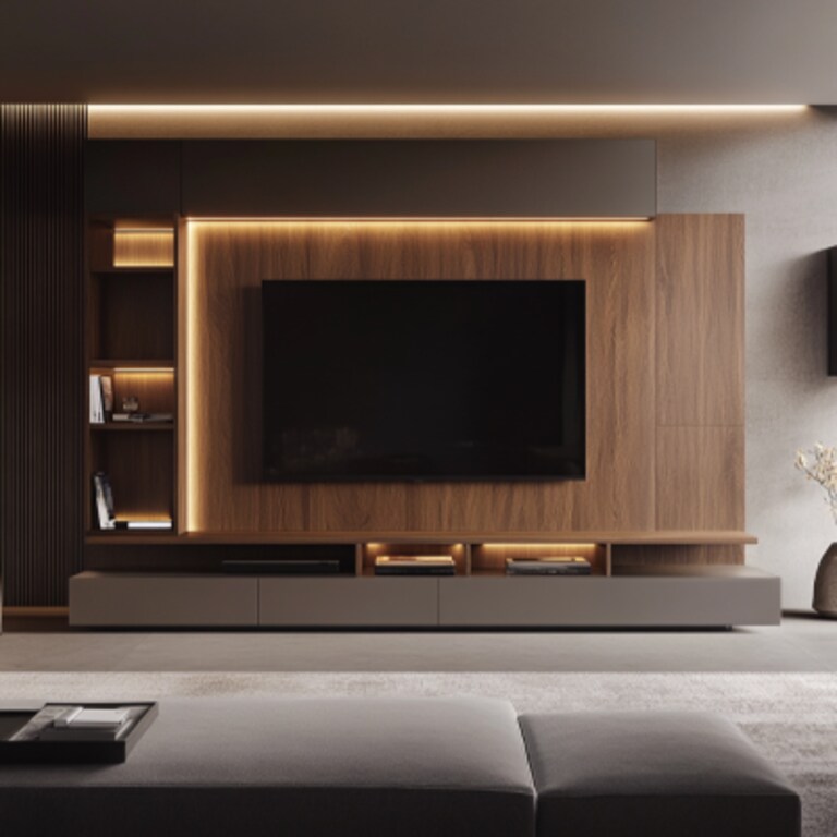 Modern Wall-Mounted TV Unit Design with Wood Backpanel and Strip Light