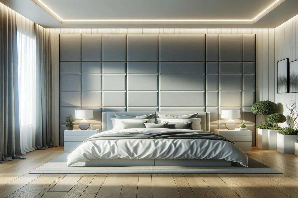 Modern Master Bedroom Design With Grey Square-Panelled Accent Wall