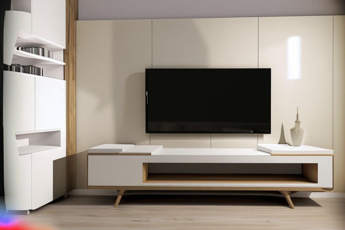 Modern TV Unit Design in White and Cream Laminate