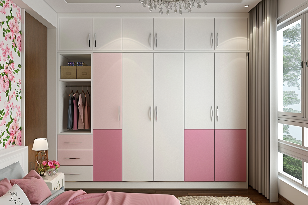 Modern 5-door White And Pink Swing Wardrobe Design With Fluted Laminates