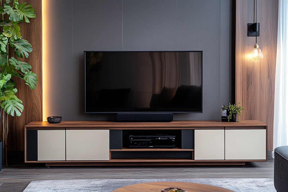 Tan White and Walnut Modern Floor-Mounted TV Unit Design