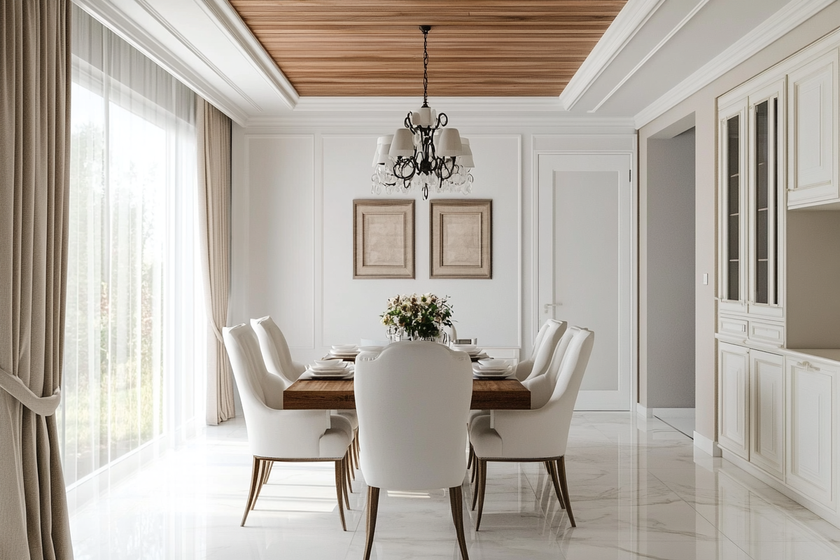 Classic All-White 6-Seater Dining Room Design With Wooden False Ceiling