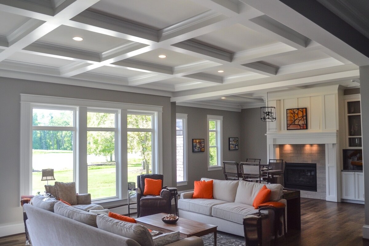 Contemporary Gypsum White Living Room Ceiling Design With Beams