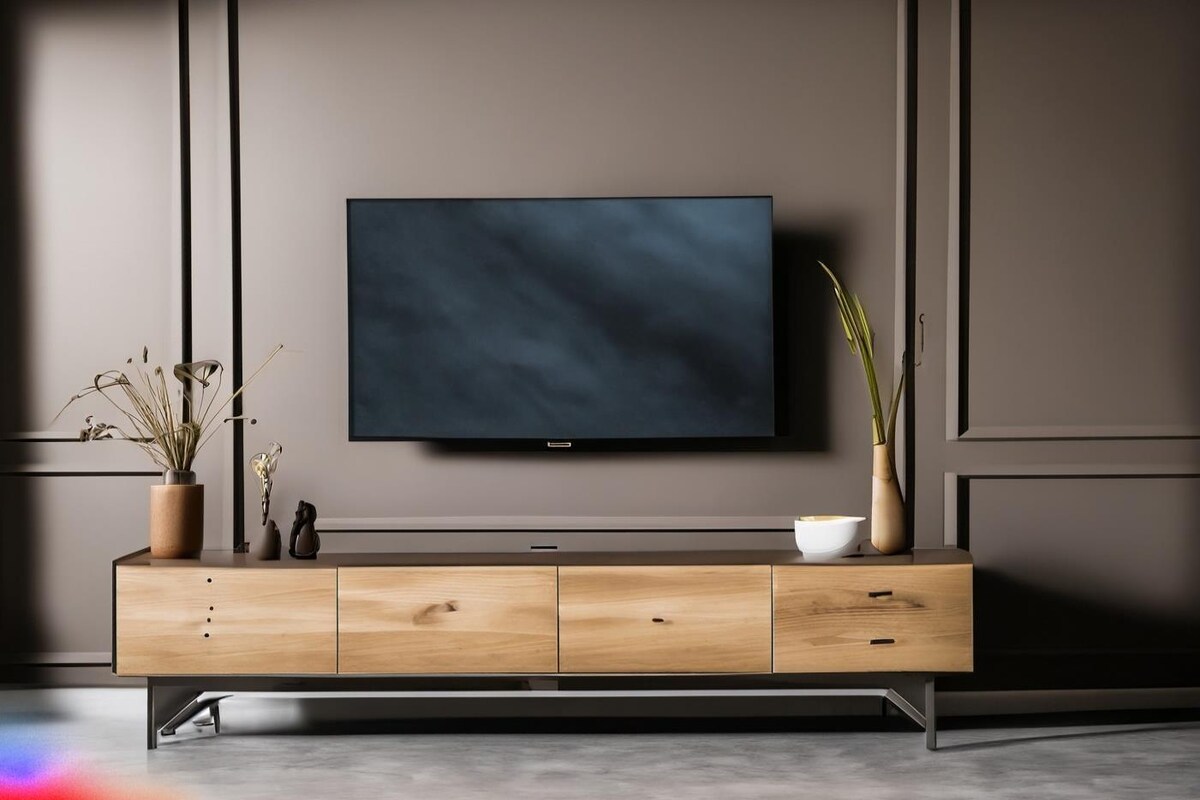 Modern Industrial Brown Dual-Toned TV Unit Design with Grey Floor Modern Industrial Brown Dual-Toned TV Unit Design with Grey Floor