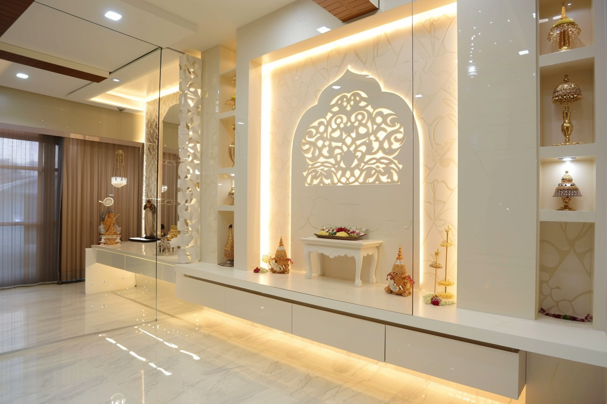 Modern Mandir Design With White Wall Mounted Storage Unit