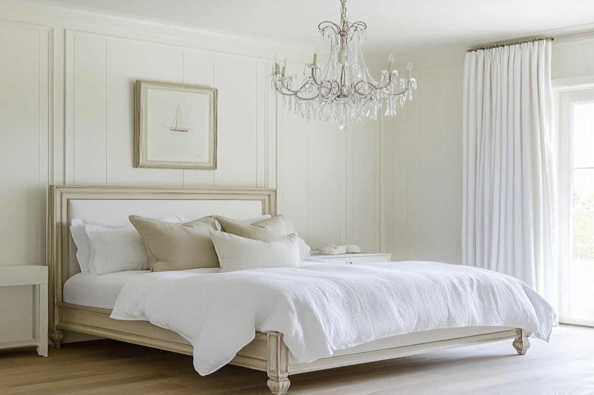 Classic Master Bedroom Design with White Walls and Chandelier