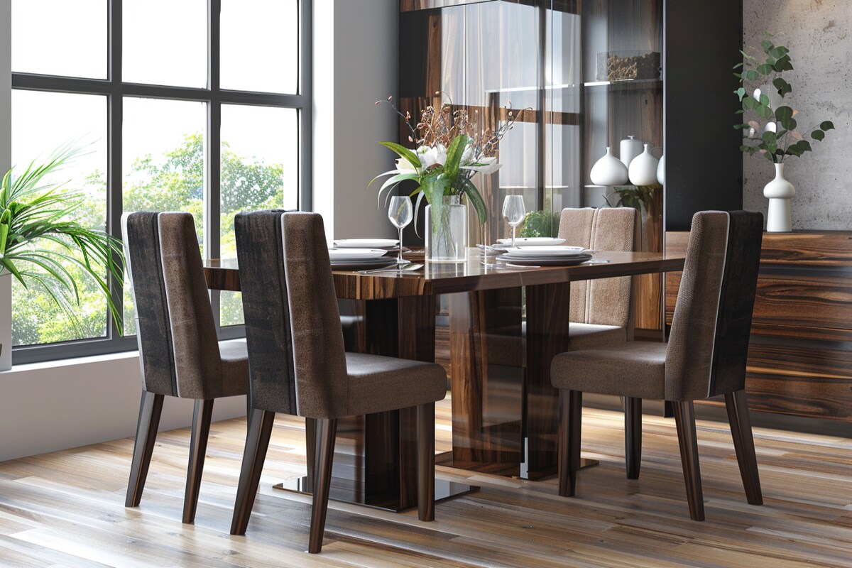 Modern 4-Seater Dining Room Design With Wood And Frosted Glass Storage Unit