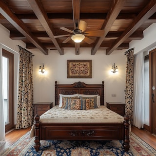 Indian Traditional Bedroom Ceiling Design With Wooden Panel And Beams