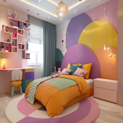 Modern Kids Room Design For Girls With L-Shaped Multi-Coloured Headboard