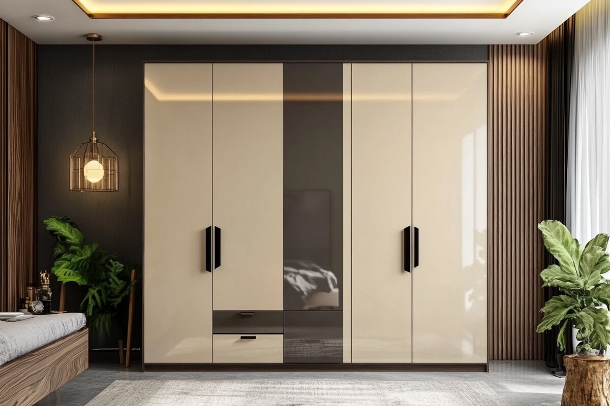 Modern 4-Door Swing Wardrobe Design In Light Beige Modern 4-Door Swing Wardrobe Design In Light Beige