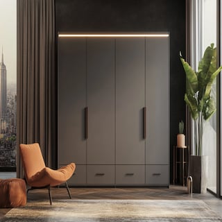 Modern 4-Door Grey Swing Wardrobe Design With Loft Storage