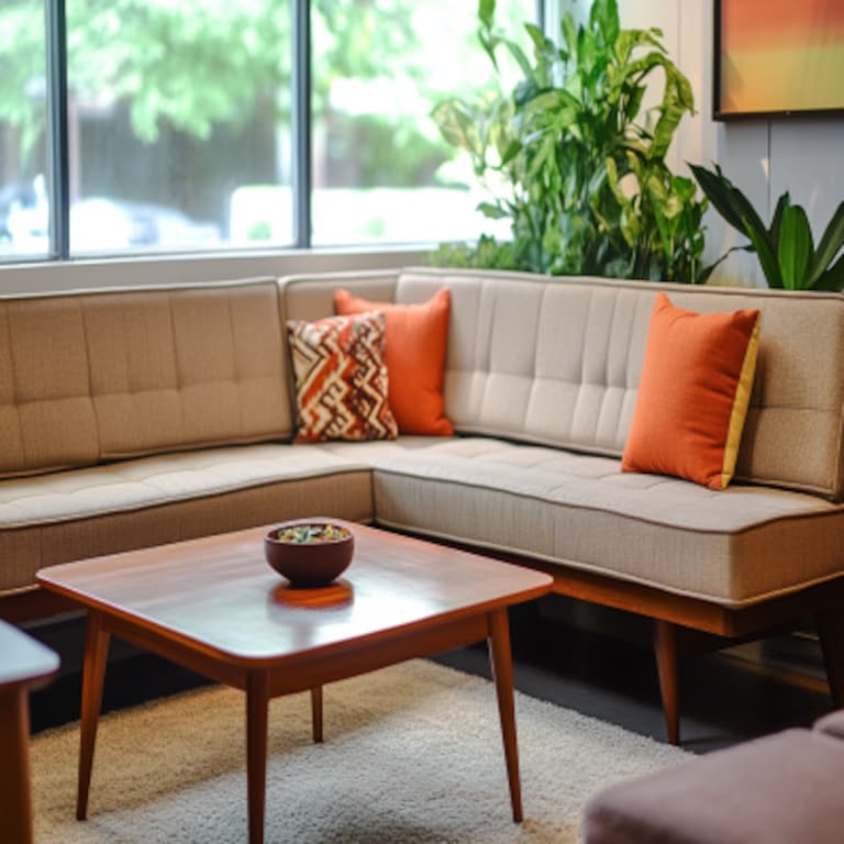 Mid-Century Modern Living Room Design with L-Shape Sofa and Coffee Table