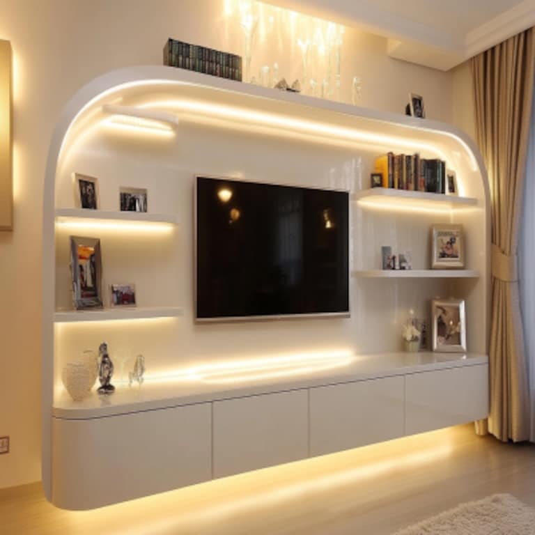 Contemporary Frosty White TV Unit Design with Open Rack Storage