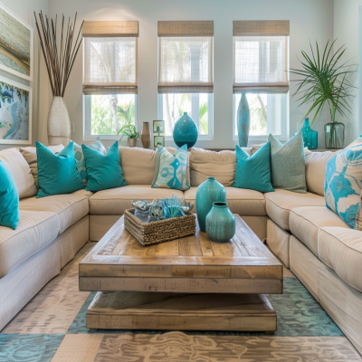 Contemporary Living Room Design With Beige and Turquoise U-Shaped Sofa Set