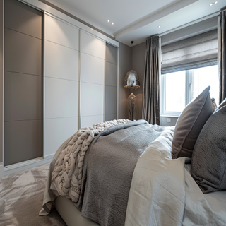 Modern Grey Master Bedroom With 2-Door White Sliding Wardrobe