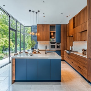 Modern Blue And Wood Modular Regalia Kitchen Design With Kitchen Island