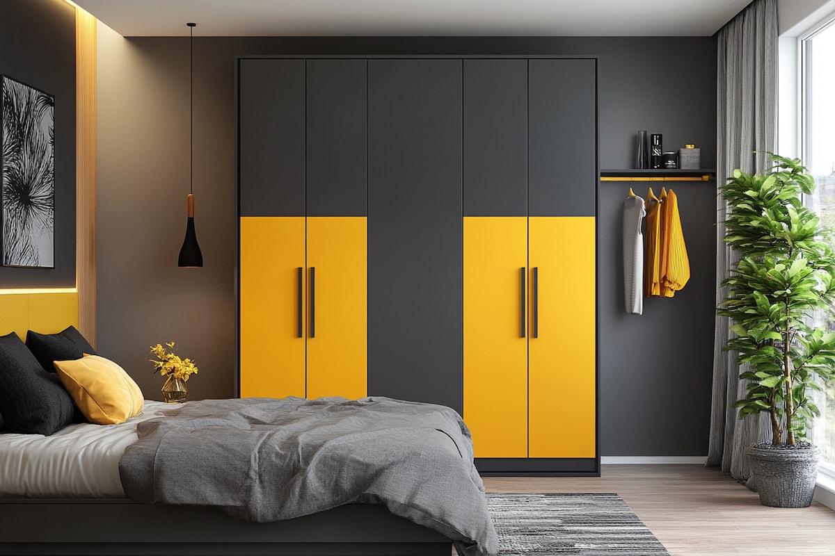 Modern 4 Door Smokey Grey And Marigold Yellow Swing Wardrobe Design