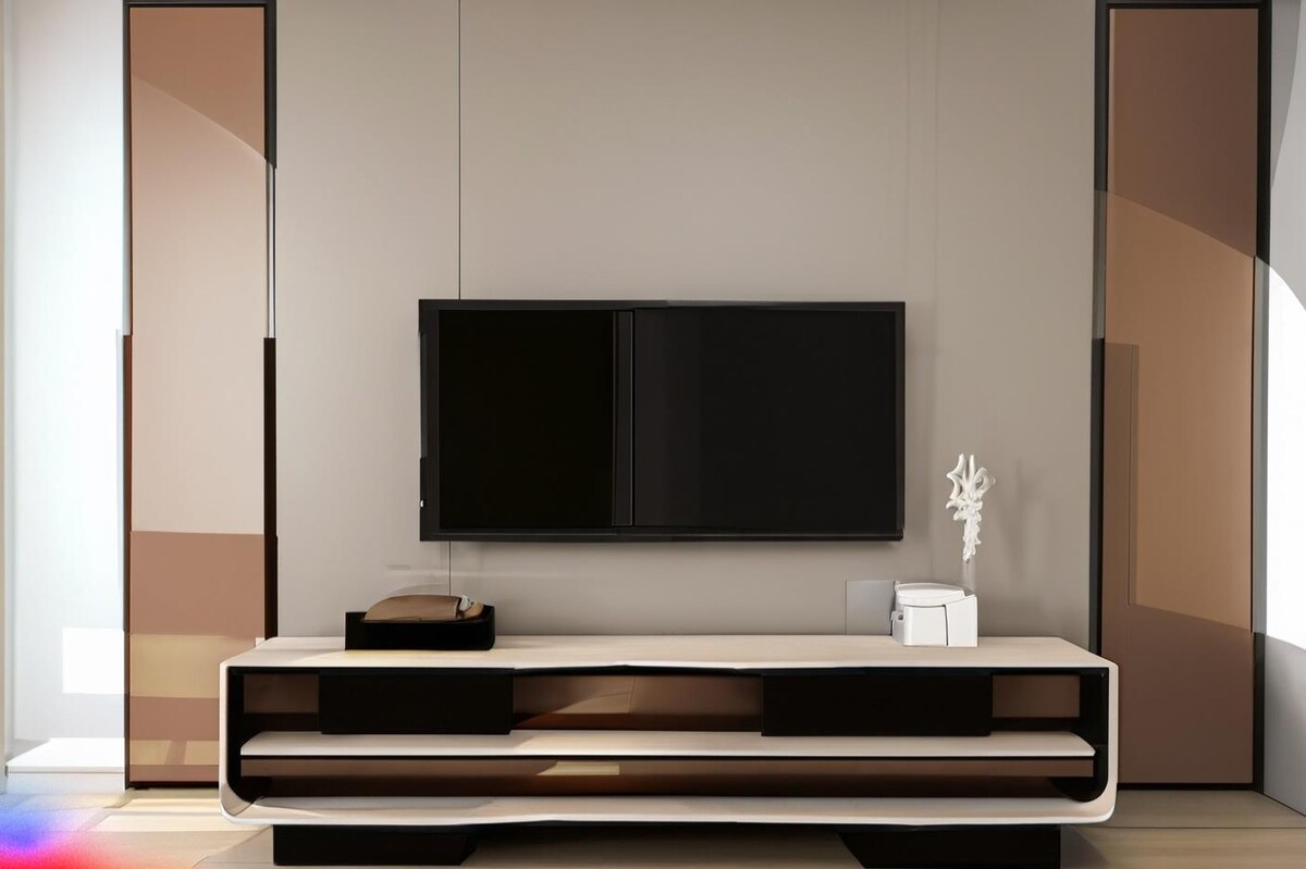Modern TV Unit Design in Brown and Beige Laminate Modern TV Unit Design in Brown and Beige Laminate