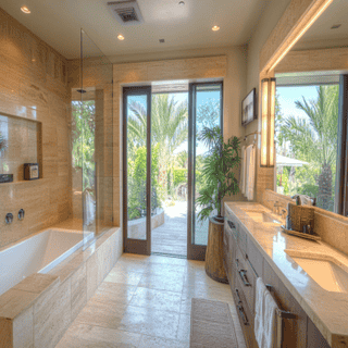 Modern Bathroom Design with Beige Tiles and LED Mirror