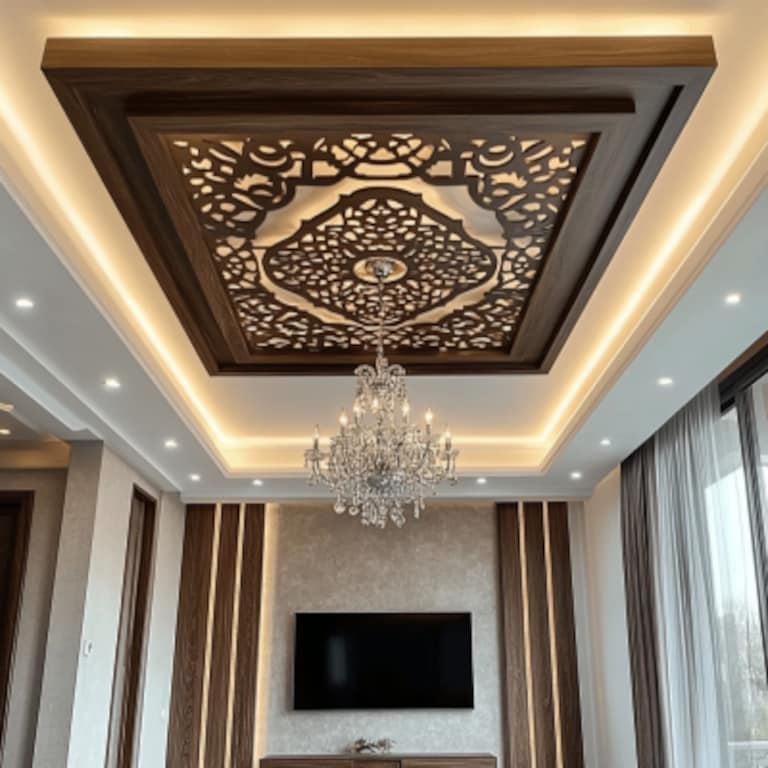 Square Wooden And Gypsum False Ceiling Design With Ornamental Chandelier