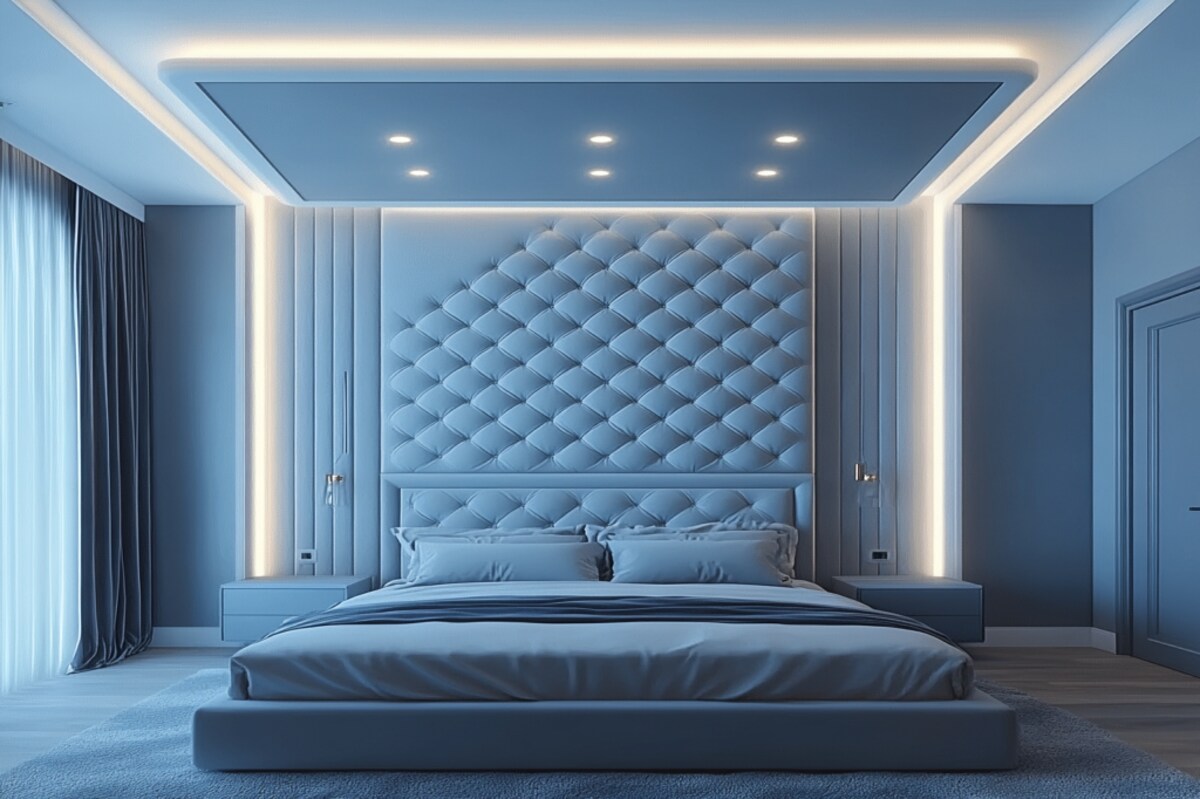 Rectangular Bedroom Ceiling Design With Recessed Cove Lights And Blue Tufted Wall Paneling Rectangular Bedroom Ceiling Design With Recessed Cove Lights And Blue Tufted Wall Paneling