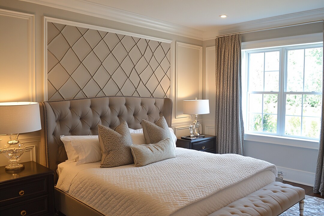 Modern Grey And Beige Bedroom Wall Design With Wall Panel And Diamond ...