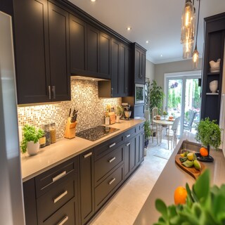 Contemporary Straight Kitchen Design with Dark Citrus Base Units