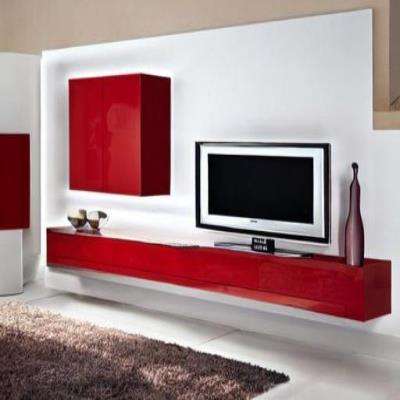 Classic TV Unit Design in Red Laminate with Beige Ceiling