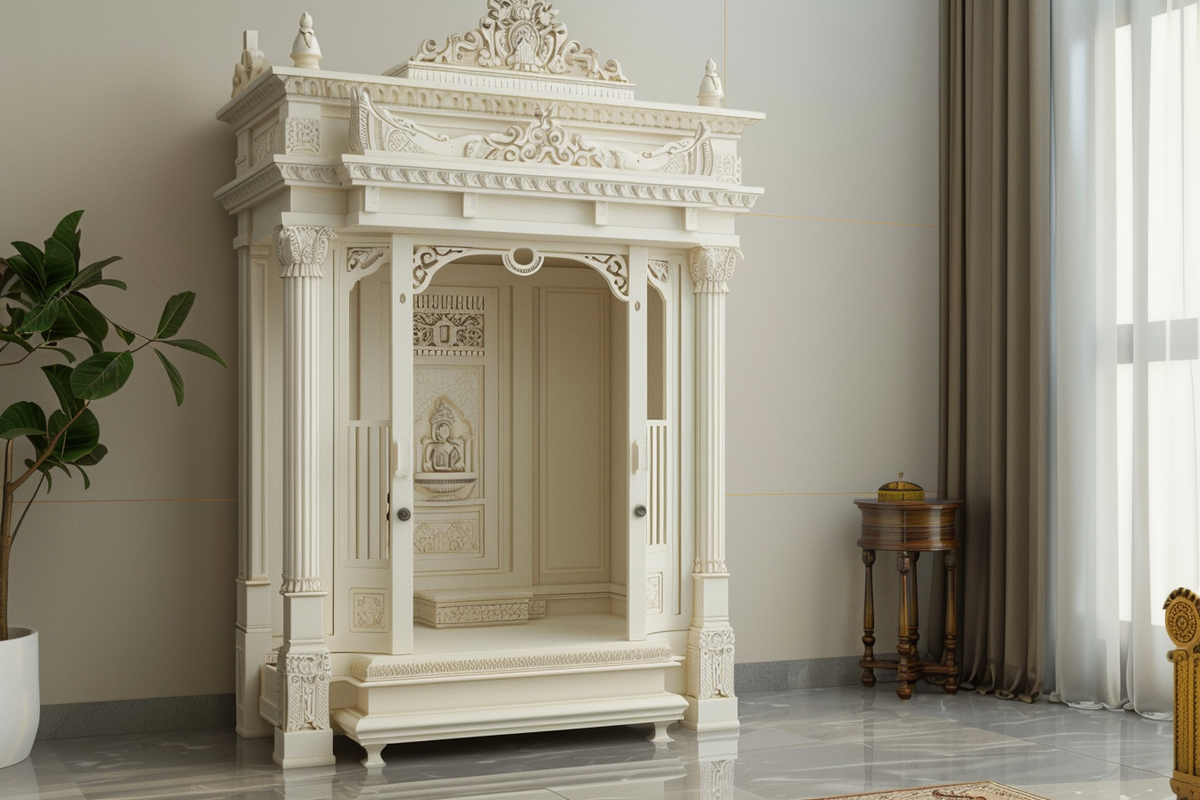 Classic White Floor-Mounted Mandir Design With White 2-door Swing Wardrobe