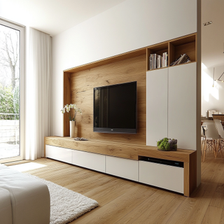 Modern Pearl White And Wood TV Unit Design With Open Wooden Storage Units