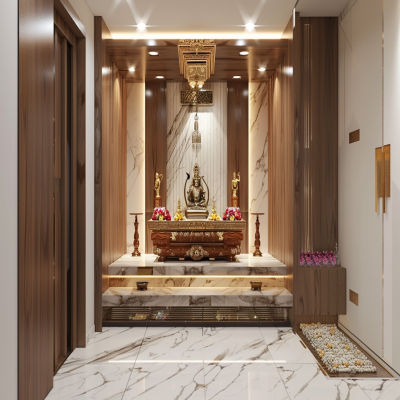 Modern Floor-Mounted Pooja Room With A Marble Countertop