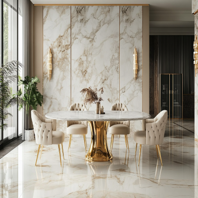 Modern Classic Marble Dining Room Design With Golden Legs And Buttoned Seater